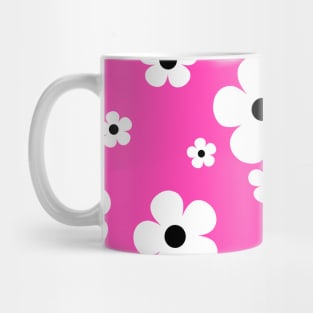 60's Retro Pop Small Flowers in Hot Pink and White, Black Mug